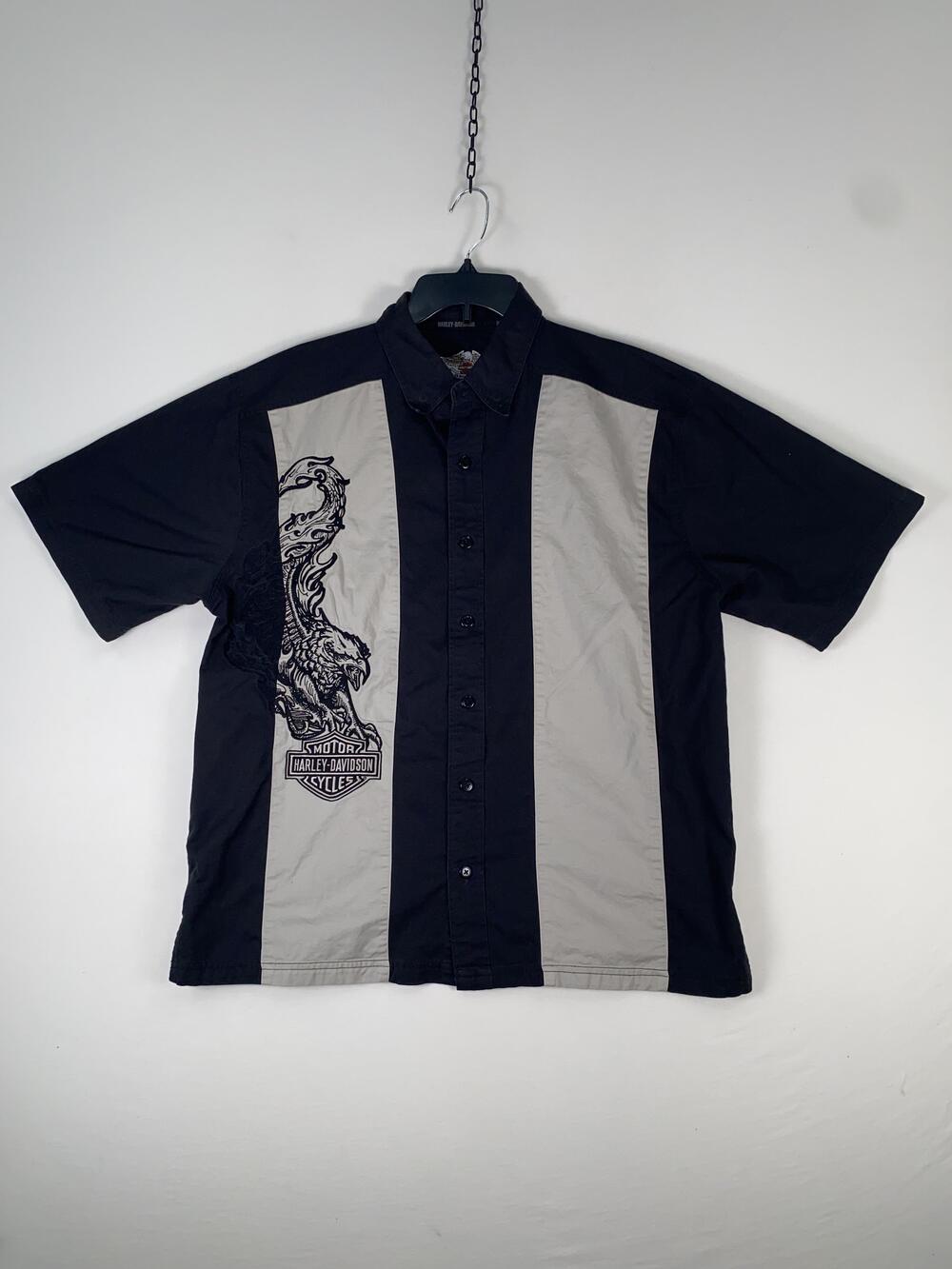 Harley-Davidson Shirt Mens Large Black Gray Short Sleeve Button Up Cotton Biker